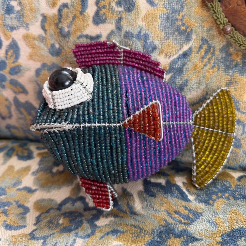 Decorative Handcrafted Multi-Colored Beaded Fish Nautical Beach Ornament